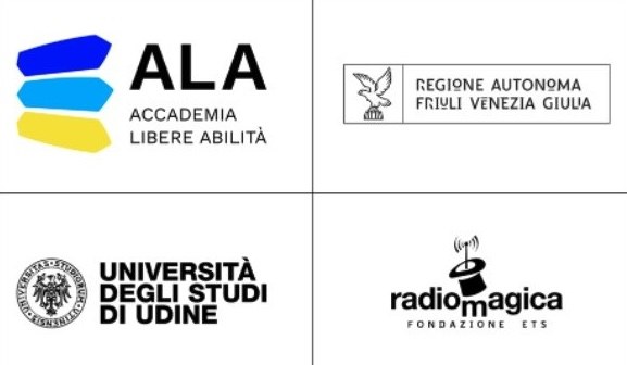 Logo Regione Friuli Venezia Giulia, logo ALA, logo Università degli Studi di Udine e logo Radio Magica